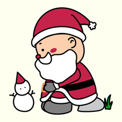 Christmas vector Illustration cartoon of santa claus sitting on the stone and looking at the mini snowman on the ground, isolated on light yellow background