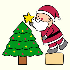 Christmas vector Illustration cartoon of santa claus putting the yellow star on the top of Christmas tree, isolated on light yellow background