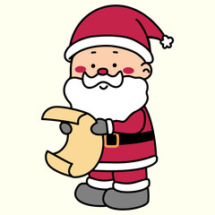 Christmas vector Illustration cartoon of santa claus holding and read the present wish list yellow paper , isolated on light yellow background