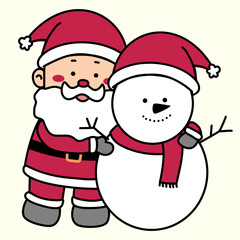 Christmas vector Illustration cartoon of santa claus hugging the snowman with happy face, isolated on light yellow background