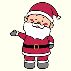 Christmas vector Illustration cartoon of santa claus introducing with one hand, isolated on light yellow background