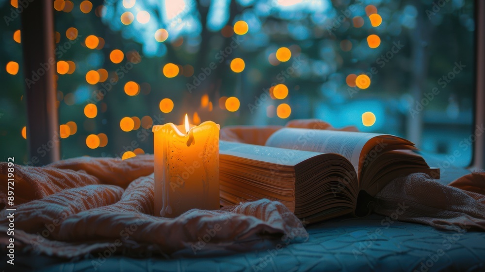 Aufkleber an open book and a lit candle on a cozy surface by the window, with warm bokeh lights in the backgro