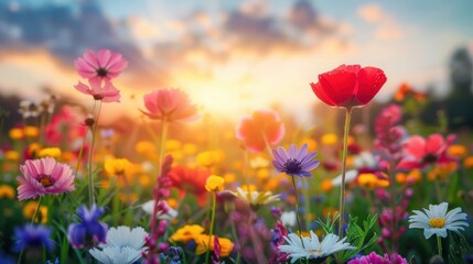 Obraz premium A stunning array of wildflowers in full bloom, bathed in the warm light of sunrise, creating a colorful and serene natural scene.