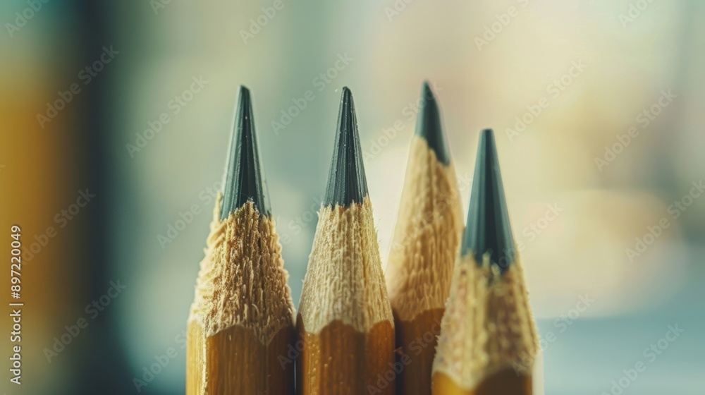 Poster close-up of a group of sharp pencils, showcasing detailed texture and sharp tips, with a softly blur