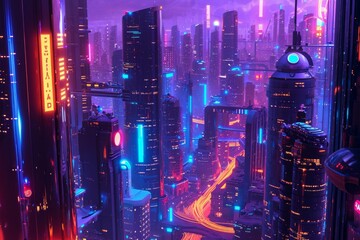 A stunning view of a technologically advanced city at night, illuminated by vibrant neon lights, Futuristic metropolis with abstract neon buildings, AI Generated