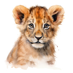 Obraz premium lion cub looking at watercolor isolated on transparent background cutout