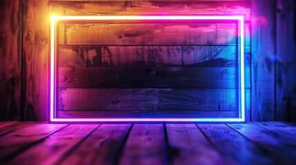 Obraz premium A vibrant neon frame glowing with pink and blue hues on a rustic wooden wall, creating a striking visual effect.