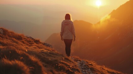 Fototapeta premium A woman walking on a grassy mountain slope, bathed in the golden light of a stunning sunset, capturing a serene moment.