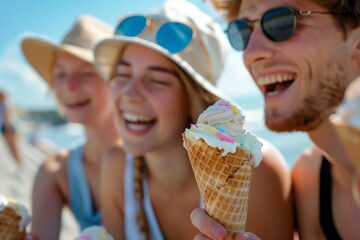 Friends enjoying ice cream cones on a sunny beach day, laughing and having fun in the summer sun.