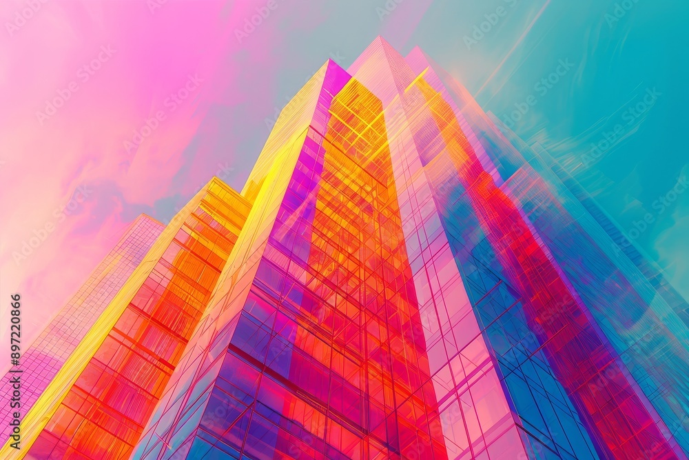 Poster a towering skyscraper with a multitude of windows stretching towards the sky, futuristic skyscraper,