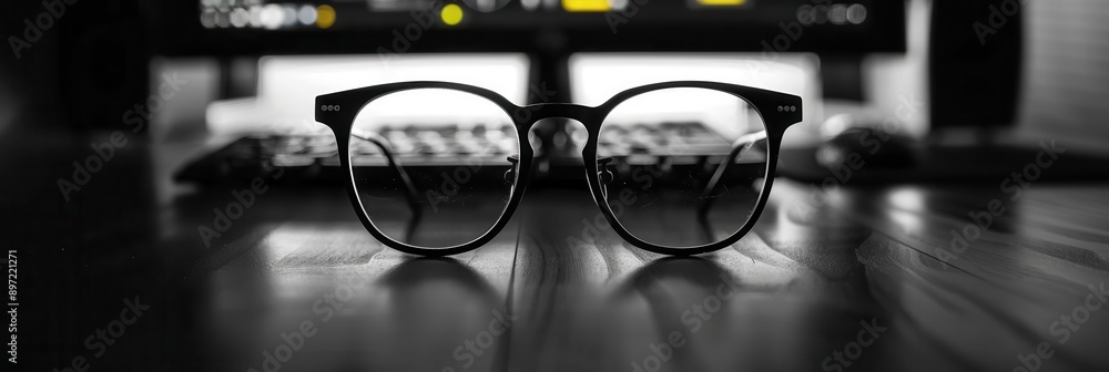 Fototapete a pair of black-framed eyeglasses rest on a wooden desk in front of a computer monitor. generative a
