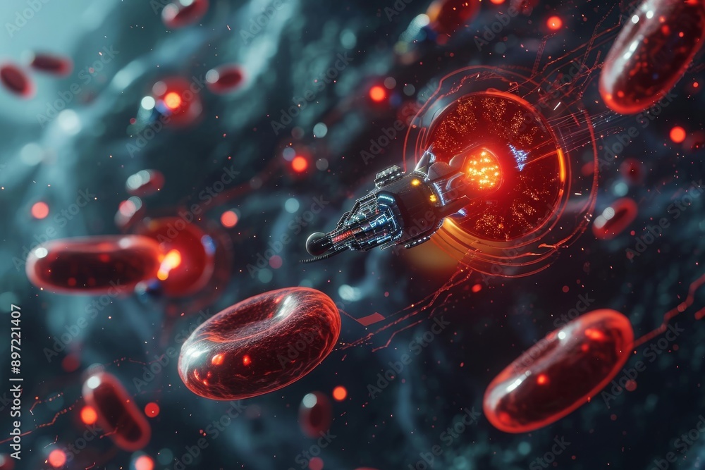 Poster computer generated image of a sci-fi cityscape, futuristic visualization of nanobots interacting wit