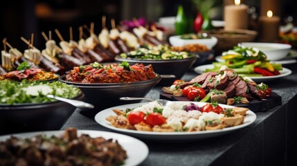 Obraz premium Catering buffet food on a long table in a hotel restaurant