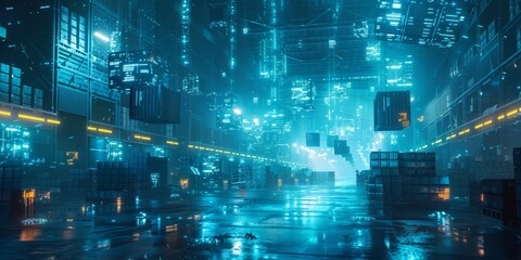 Naklejka premium Futuristic Warehouse with Floating Digital Displays in Blue Neon Light Atmosphere