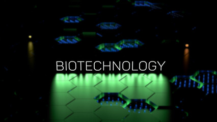 BIOTECHNOLOGY text,luminous neon lettering on a digitally blurred background. Biotechnologies, science and technology concept,wallpaper.3D render