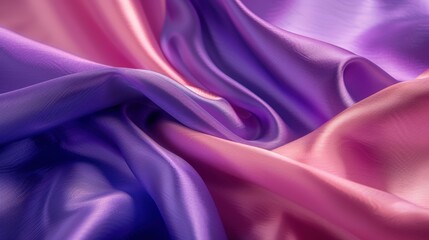 Close-up of luxurious pink and purple silk fabric, showcasing its smooth texture and rich, vibrant...