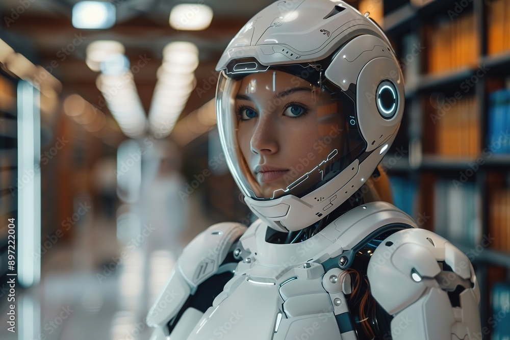 Poster female robot with advanced suit in library setting