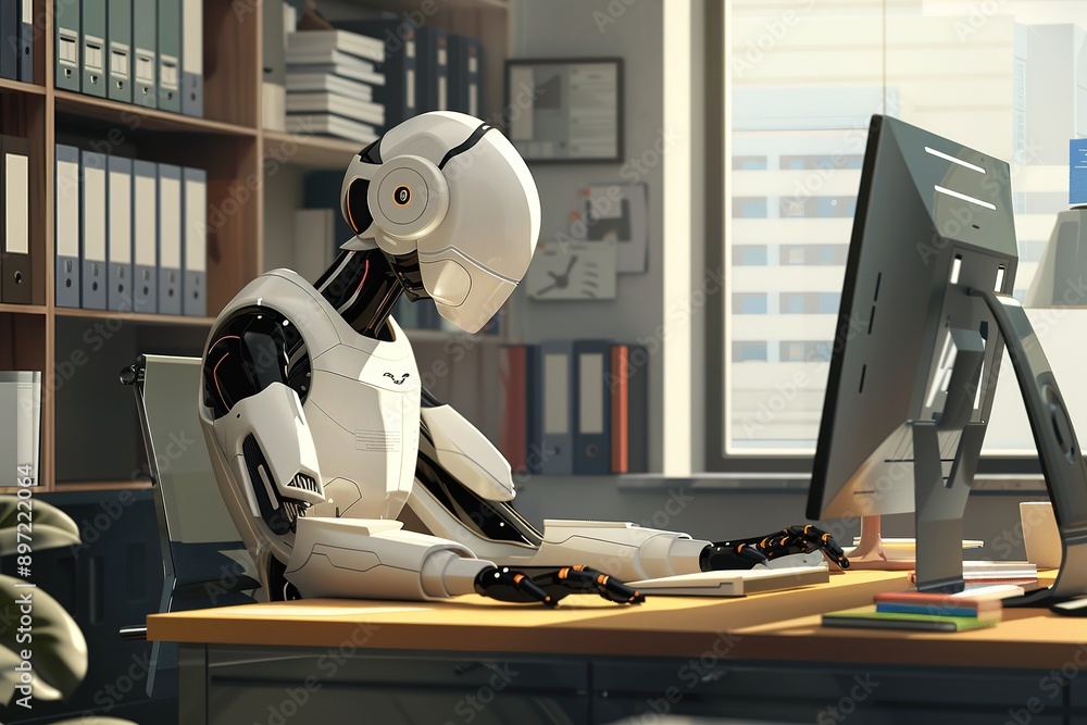 Aufkleber robot sitting at desk with computer in modern office