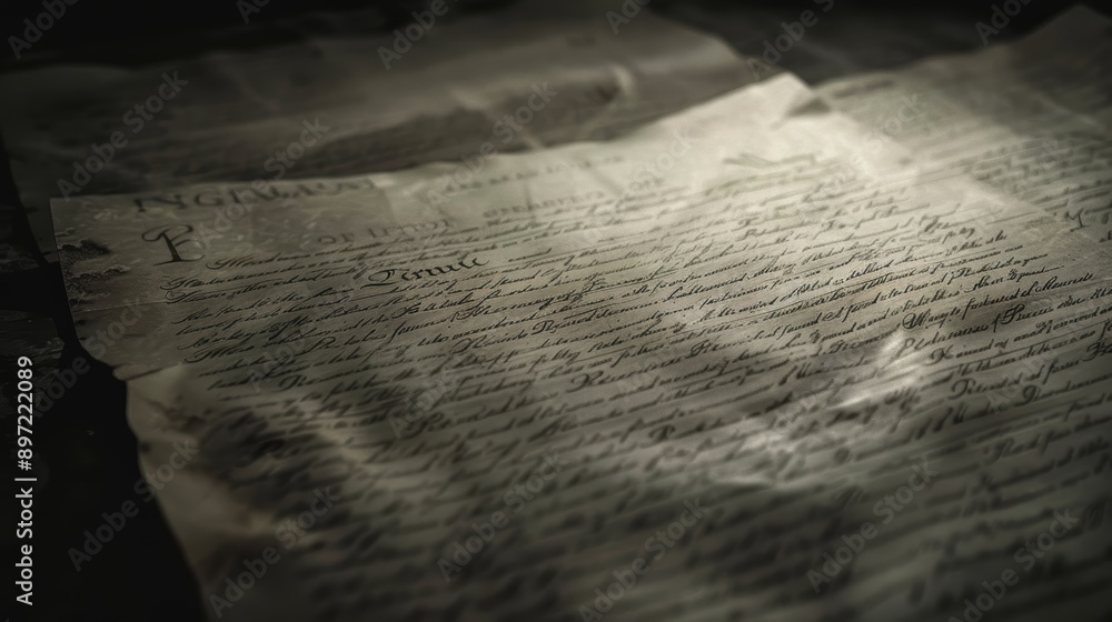 Poster light shining through an 18th-century handwritten document resting on a table
