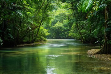 A river cuts through a dense and vibrant green forest, creating a beautiful and dynamic landscape, Gentle river meandering through a dense rainforest, AI Generated