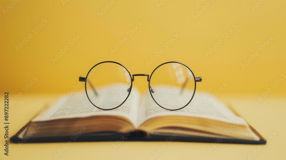 Fototapete a pair of round eyeglasses rest on an open book against a yellow background. generative ai