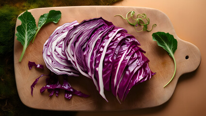 Fototapeta premium A vibrant purple cabbage sliced into thin slaw