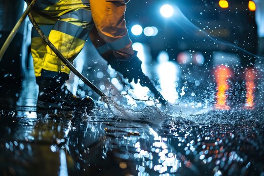 Emergency plumber fixing a burst pipe under streetlights, hardworking and essential service, nighttime repairs