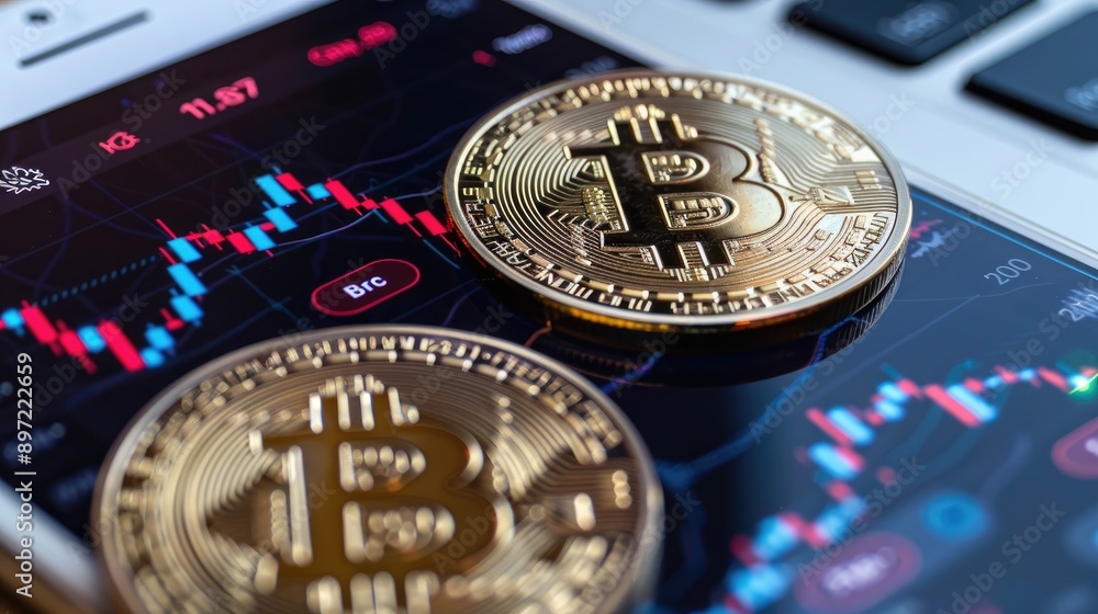 Poster bitcoin coins with stock market charts shown on a smartphone screen
