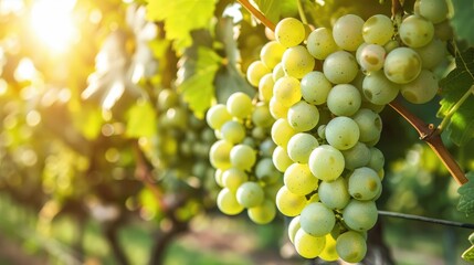 Close-up view of ripe green grapes hanging from a vine in the vineyard