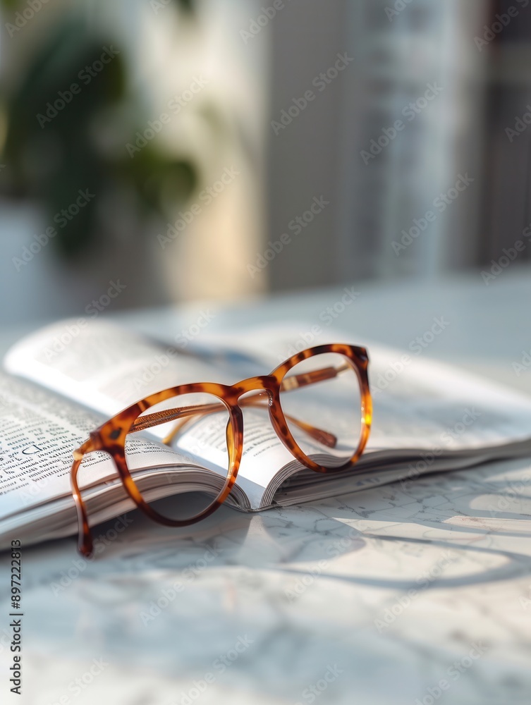 Poster brown-framed eyeglasses rest on an open book on a marble table top. generative ai