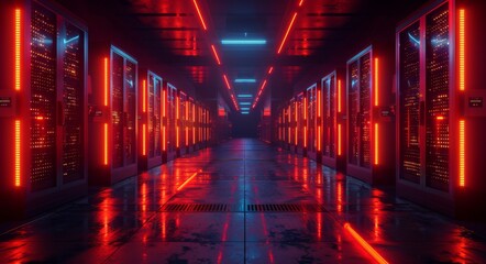 Fototapeta premium network server room with computers for digital communications and internet,abstract data concept, Cryptocurrency mining rig room 