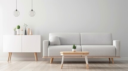 A cozy living room features a light grey sofa with white throw pillows, a natural wood coffee table, and a throw blanket. The room is decorated with a few houseplants, a small shelf, and artwork