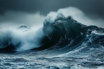 Fototapeta premium A massive wave rises and crashes in the middle of the expansive ocean, displaying its power and force, Giant ocean waves churned up by a storm, AI Generated