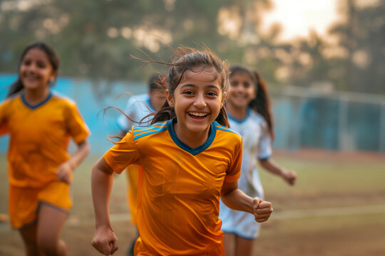 A victorious youth female soccer team jubilantly celebrates outdoors after their triumph