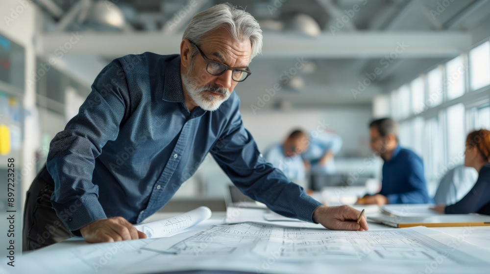 Poster engineer reviewing blueprints in a busy office environment. planning and development in engineering.