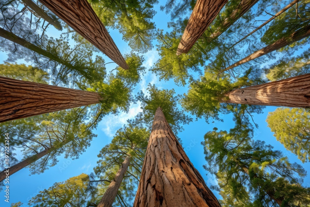 Poster a photo showing a collection of tall trees standing next to each other in a forest, giant sequoia tr