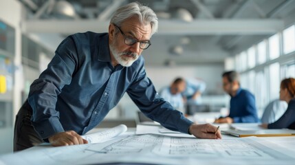 Engineer reviewing blueprints in a busy office environment. Planning and development in engineering.