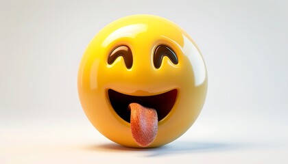 Fototapeta premium emoji icon of a face with a tongue sticking out showing a playful expression in bright yellow set against a white background The rendering is highly realistic