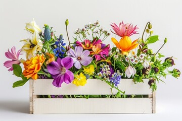 A wooden box filled with an abundance of various vibrant flowers creates a burst of color, Gift box bursting with spring flowers, AI Generated