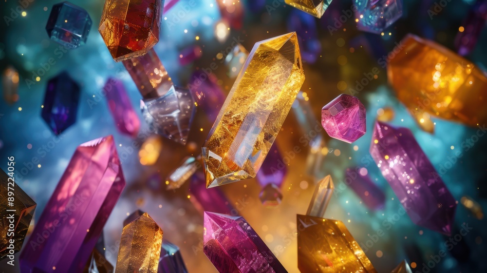Poster vibrant colorful crystals floating in an abstract space with glowing lights and sparkling particles,