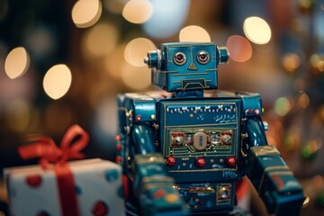 A blue robot toy is positioned next to a gift box in this image, Gift box transforming into a robot, AI Generated
