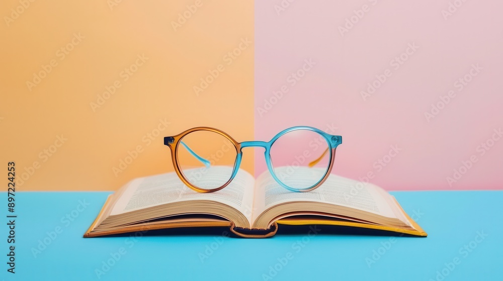 Poster a close-up shot of a book lying open on a blue surface, with eyeglasses resting on top. the backgrou