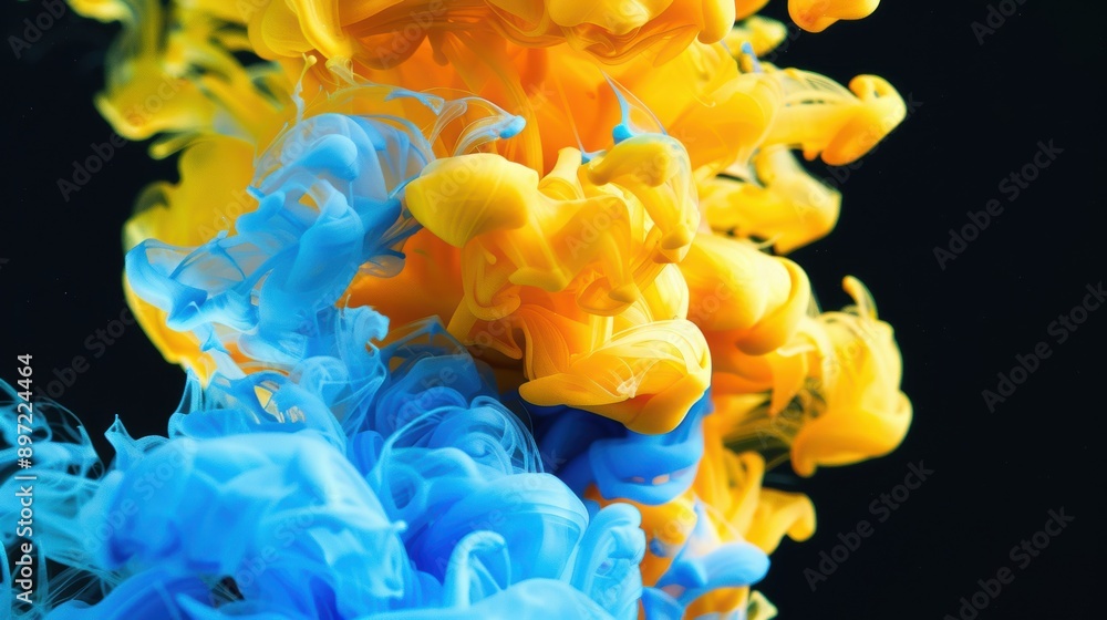 Poster abstract image of vibrant blue and yellow ink swirling in water, creating a captivating and dynamic 