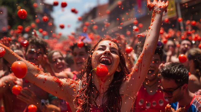 people throw tomatoes enthusiastically at the La Tomatina Festival, the background of city streets filled with red tomatoes and people cheering