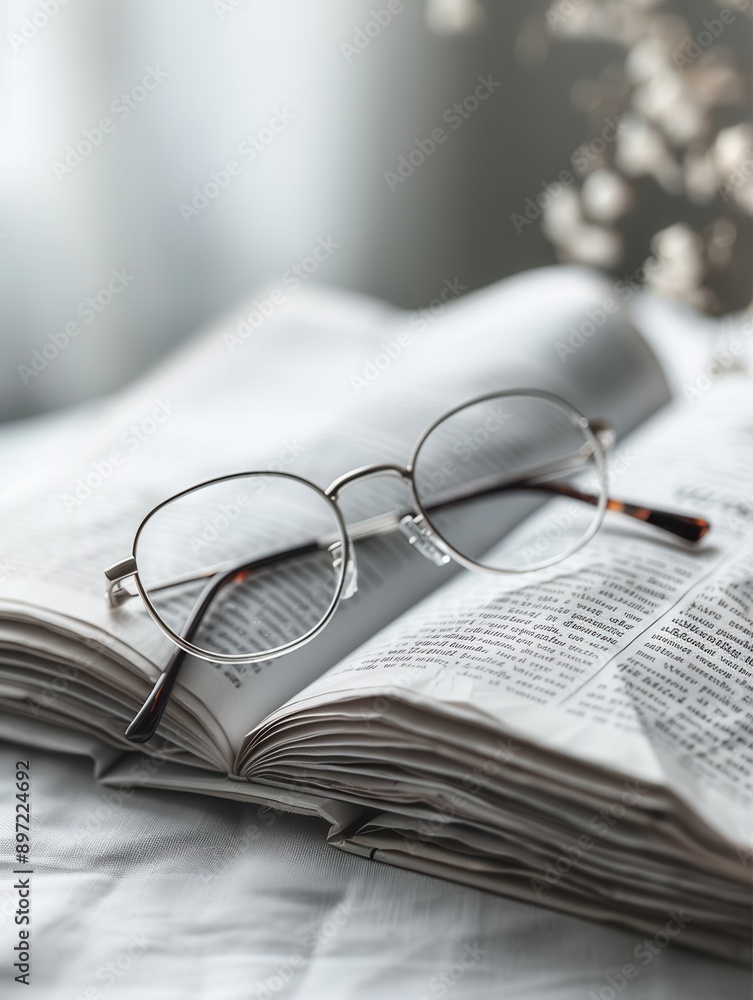 Aufkleber eyeglasses rest on an open book against a minimalist backdrop. generative ai