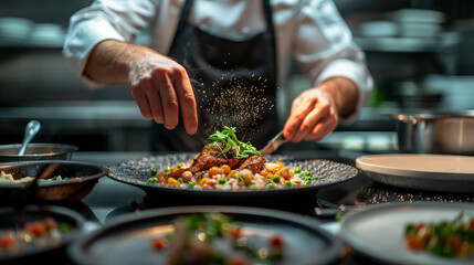 A chef puts final touches on a highquality dish in an upscale restaurant kitchen