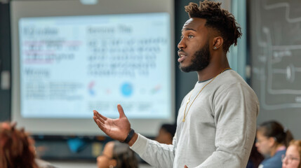A young man confidently presenting in front of a class, engaging with his audience and explaining information displayed on a screen.
