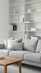 A cozy living room features a light grey sofa with white throw pillows, a natural wood coffee table, and a throw blanket. The room is decorated with a few houseplants, a small shelf, and artwork