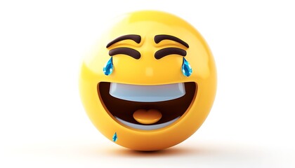 emoji icon of a laughing face with tears of joy rendered in yellow hue with sparkling blue tears set against a white background
