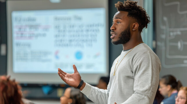 A young man confidently presenting in front of a class, engaging with his audience and explaining information displayed on a screen.